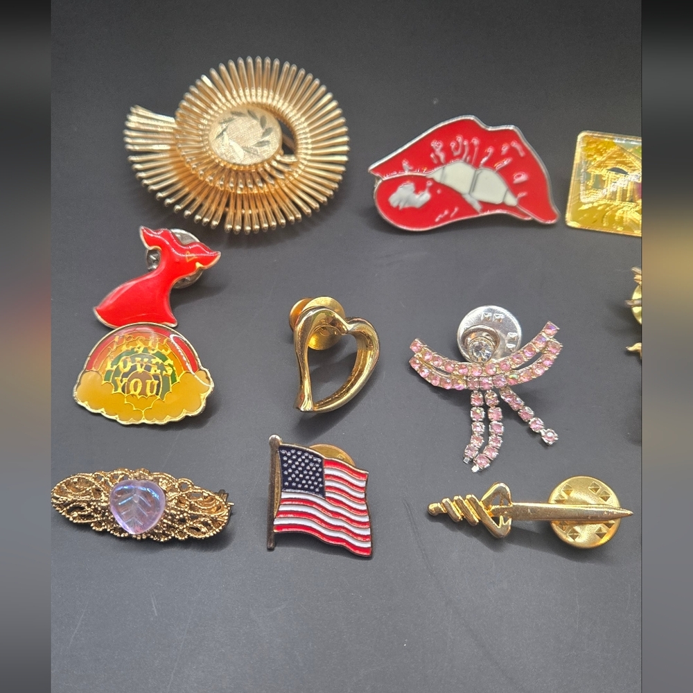 Mixed Vintage Gold Tone Enamel Pin Collection with Red & Pink Accents - Picture 2 of 5
